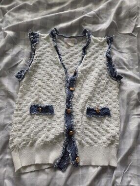 Cocobleu Sweater Vest with Denim Trim and Gold Buttons